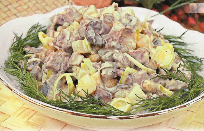 Нежный салат с курицей и грибами