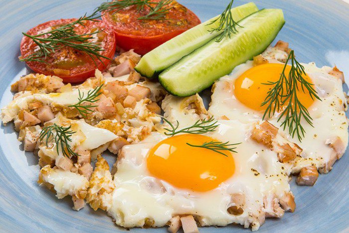 Рецепт яичницы с помидорами и колбасой